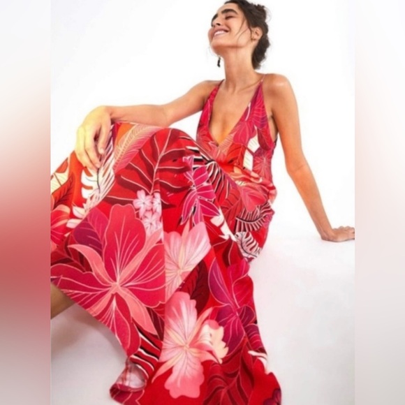Farm Rio Philipa Maxi Dress size Large Red Tropical Floral Palm Leaf Print Boho - Picture 3 of 14